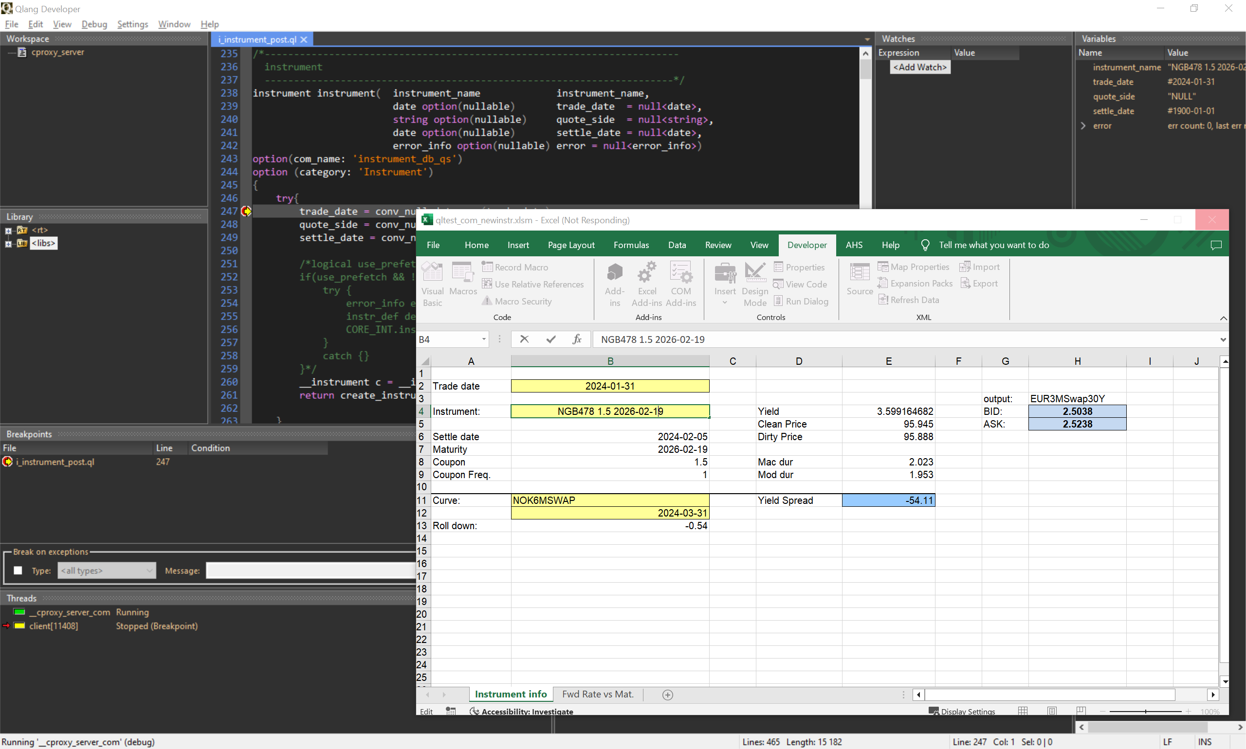 Quantlab Debugger with COM proxy and Excel breakpoint